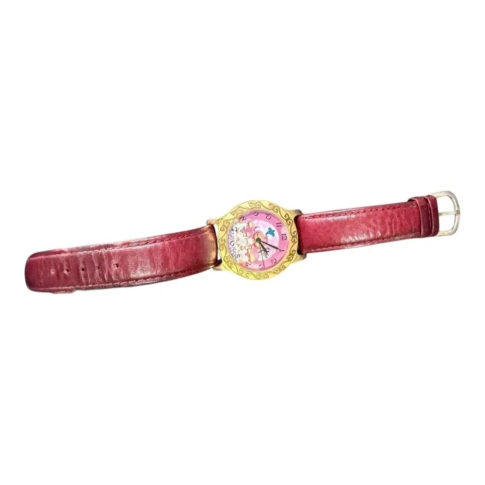 VTG Disney Store Pedre Aladdin Watch Gold Tone Maroon Leather Strap‎ Genie 90s